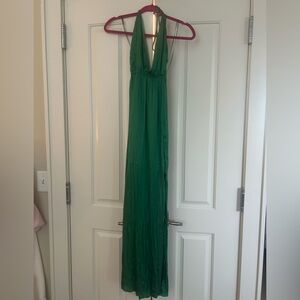 V-neck, backless green dress